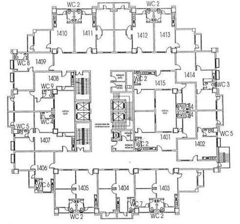 Mặt bằng bố trí căn hộ 5A Lê Đức Thọ (từ tầng 13 đến tầng 17)