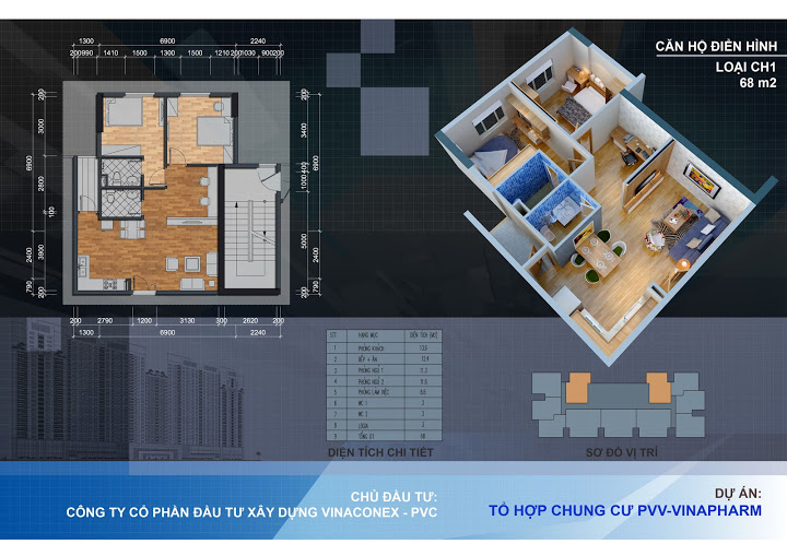 Thiết kế căn hộ CH1 - 68 m2 chung cư 60b nguyễn huy tưởng