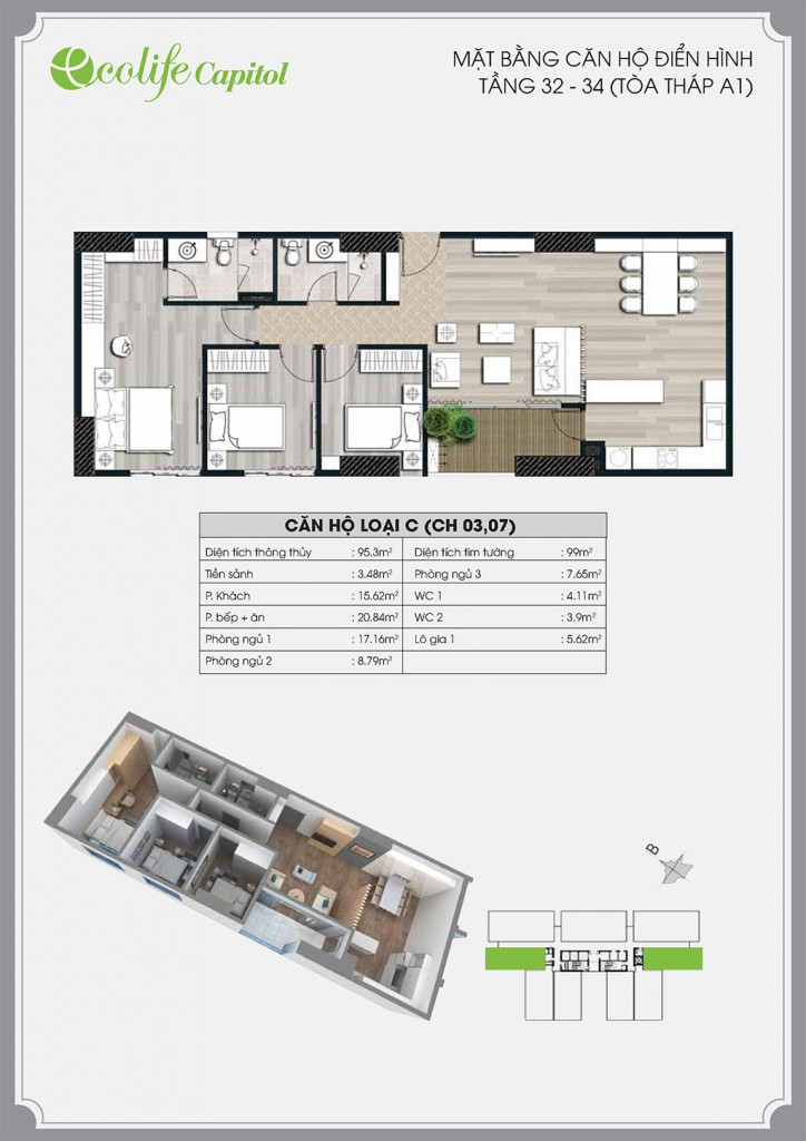 Thiết kế căn hộ C ( Căn hộ 03 - 07 tầng 32 - 34) chung cư Ecolife Capitol