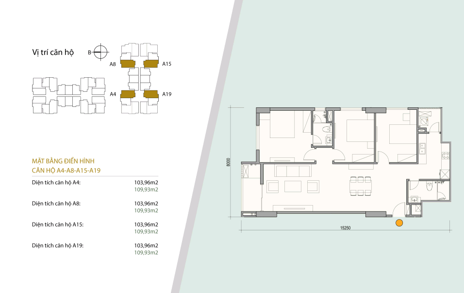 Sơ đồ thiết kế căn hộ 01 - 08 gồm 3 ngủ 2 wc. Diện tích 103 m2