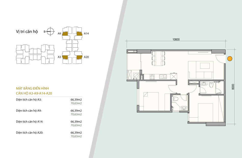 Sơ đồ thiết kế căn hộ số 02 - 07 gồm 2 ngủ 2 wc Diện tích 66,39 m2