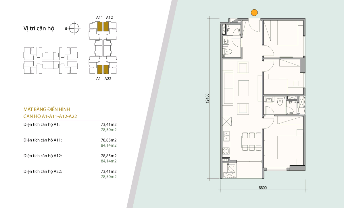 Sơ đồ thiết kế căn hộ số 04 - 05 gồm 3 ngủ 2 wc. Diện tích 73 m2 - 78 m2