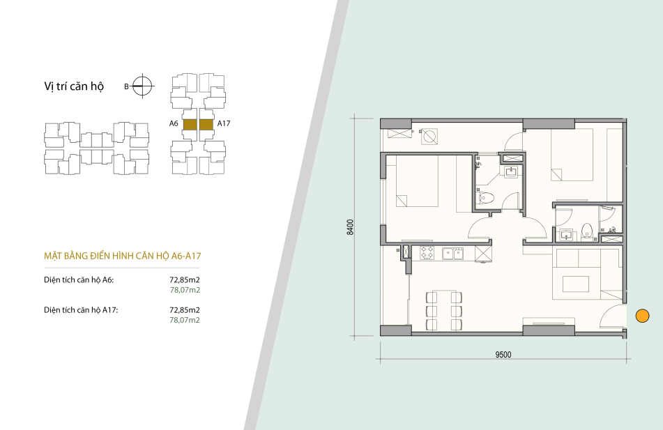 Sơ đồ thiết kế căn số 10 gồm 2 ngủ 2 wc. Diện tích 72,85 m2