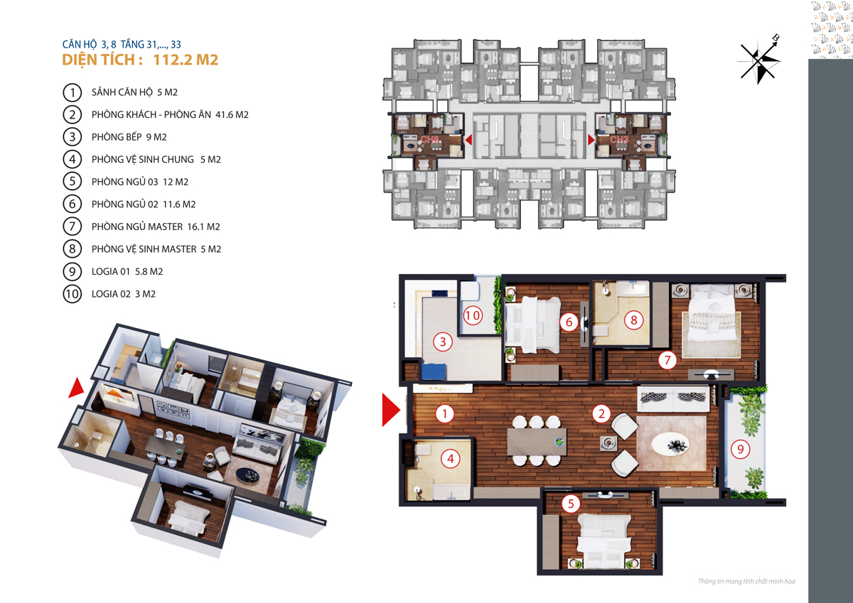 Căn hộ 3, 8 tầng 31, 32, 33 diện tích 112.2 m2