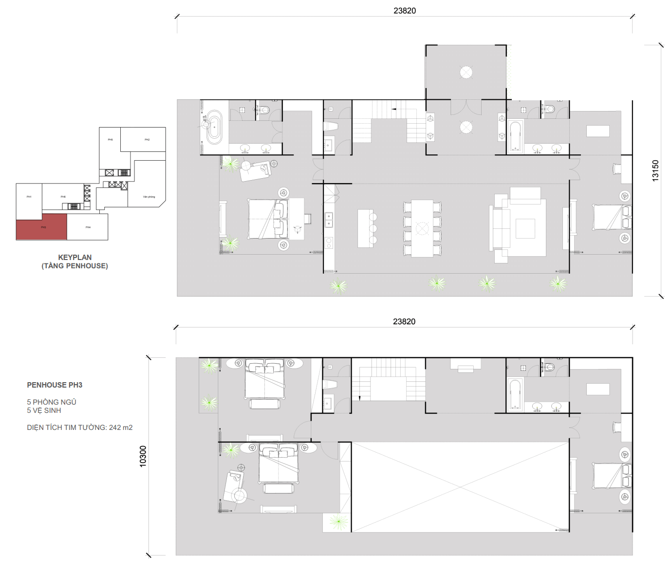 Thiết kế căn Penhouse 03 - 5 ngủ 5 wc - Diện tích 242 m2