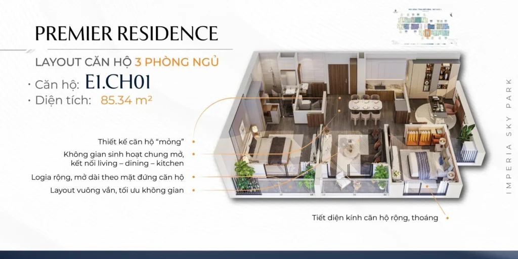 Căn hộ 3 phòng ngủ: diện tích 95 – 120m², thiết kế sang trọng, phù hợp gia đình nhiều thế hệ.