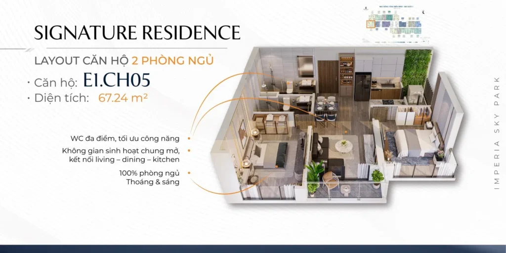Căn hộ 2 phòng ngủ: diện tích 70 – 85m², không gian tối ưu, ban công rộng thoáng.