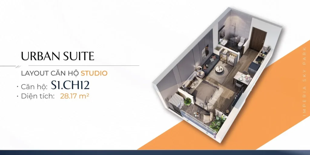 Căn hộ Studio diện tích 28.17 m2, phù hợp chuyên gia độc thân.
